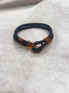Source Unknown Navy Braided Leather Bracelet with Gold Hook and Brown Wraps